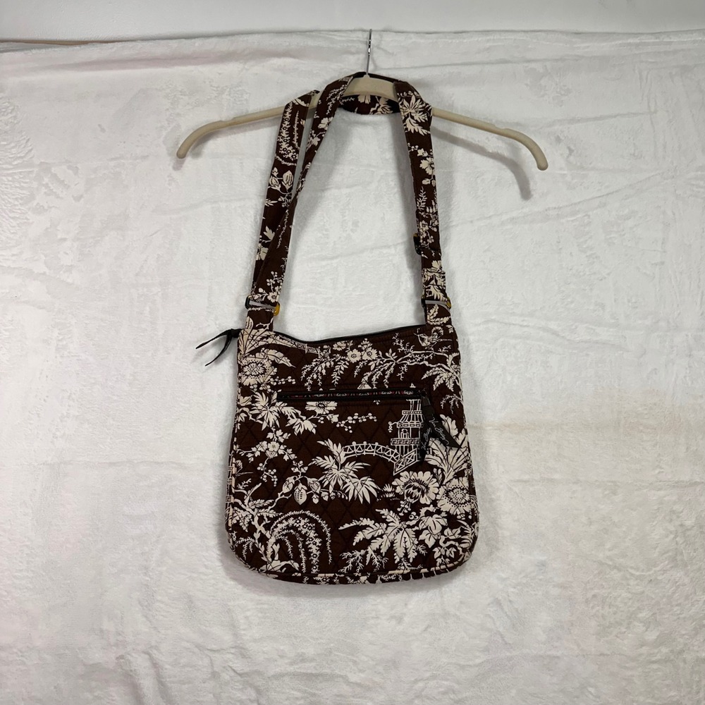 Vera Bradley Hipster Crossbody Bag Brown Toile Floral Quilted Cotton Womens